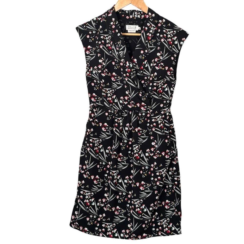 Molly Bracken Black Floral Dress Shawl Collar Wrap-style Bodice | XS | Pockets! - Picture 3 of 10